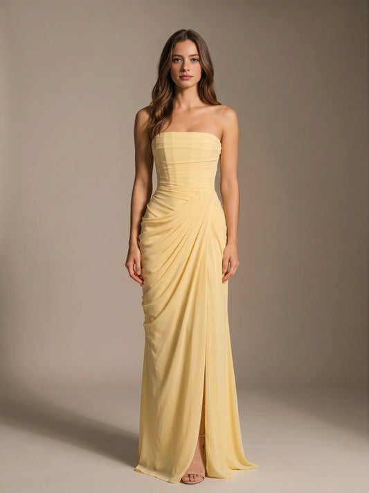 Pale Lemon maxi bridesmaid dress, front view showing the mermaid silhouette