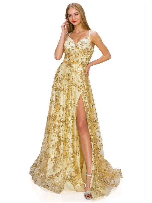 Gold floor-length prom dress, front view showing the a-line silhouette
