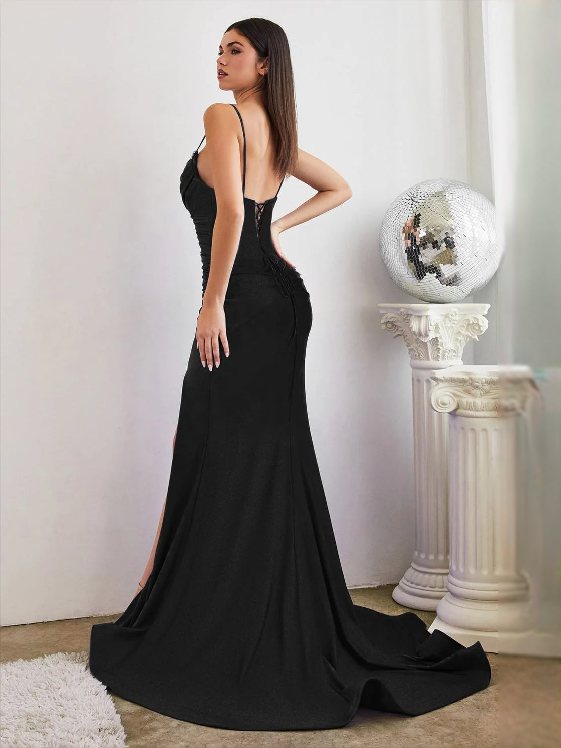 Black floor-length prom dress, front view showing the mermaid silhouette