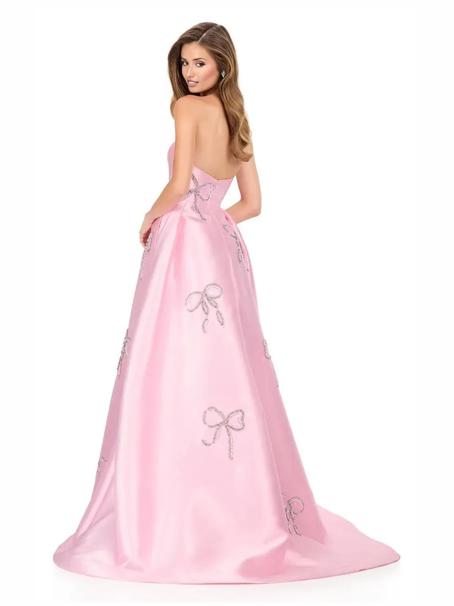 Red maxi prom dress, front view showing the a-line silhouette