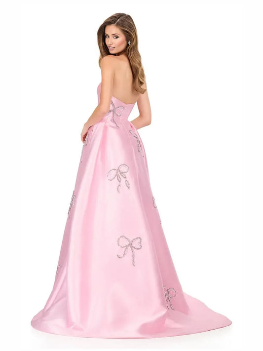 Red maxi prom dress, front view showing the a-line silhouette