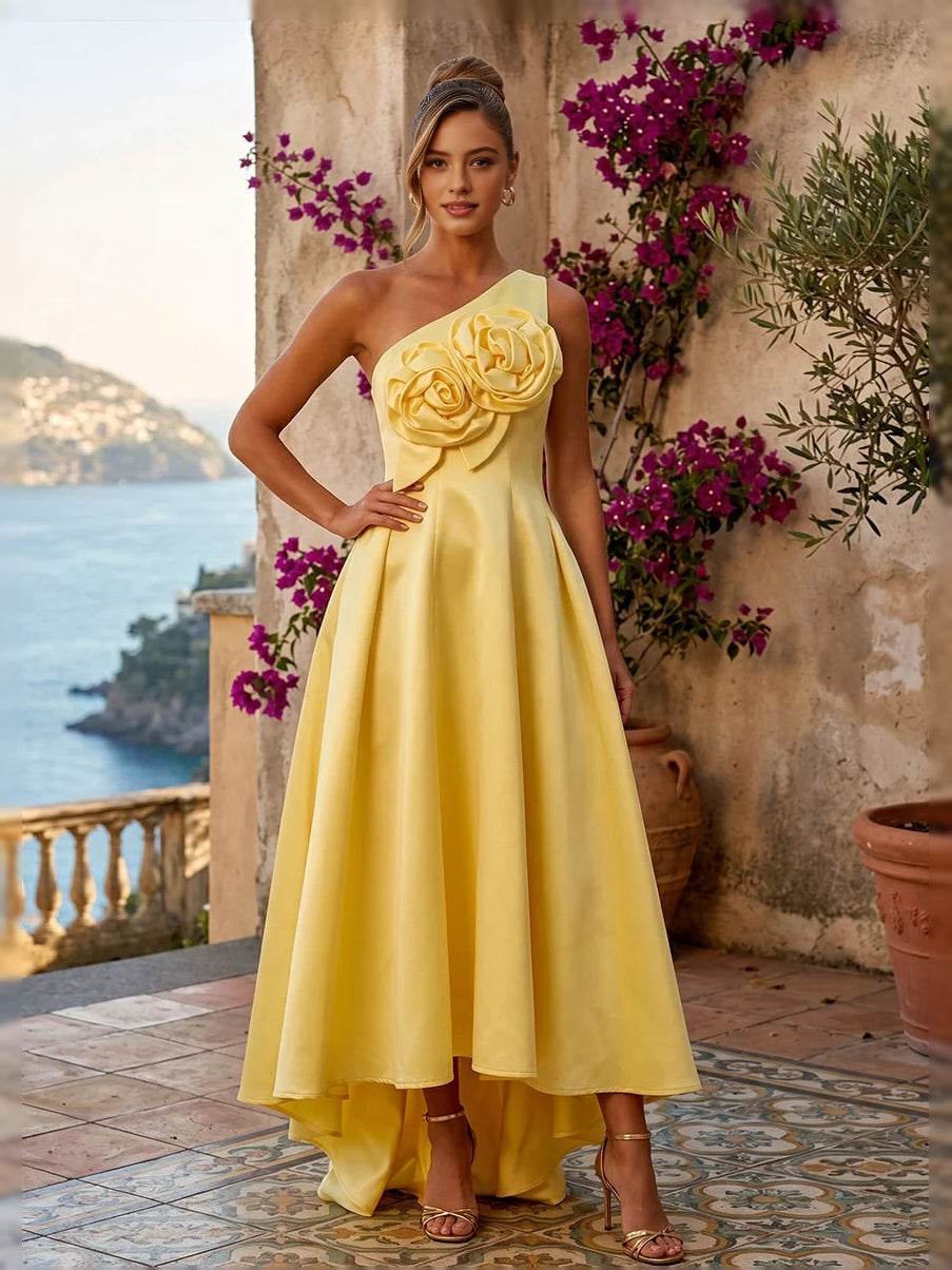 Yellow high-low bridesmaid dress, front view showing the ball-gown silhouette