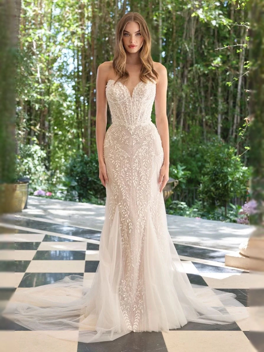 Ivory floor-length wedding dress, front view showing the mermaid silhouette