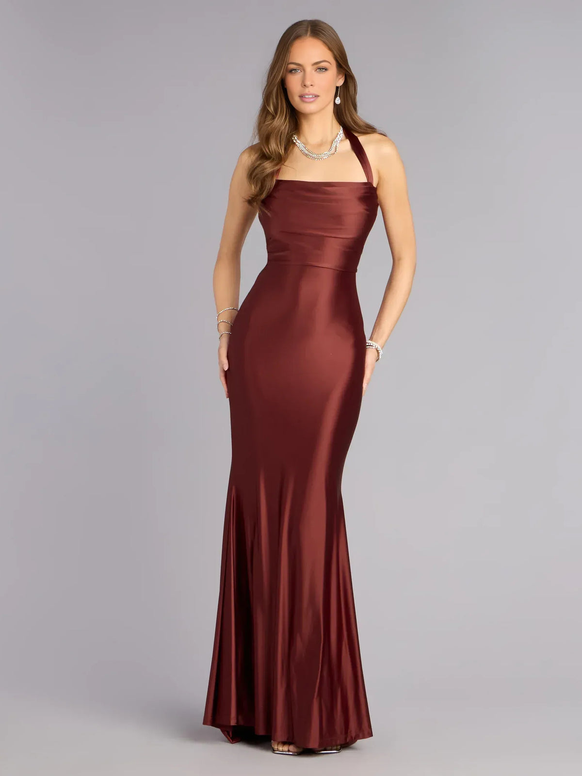Brown mermaid floor-length formal dress with halter neckline, full-length front view