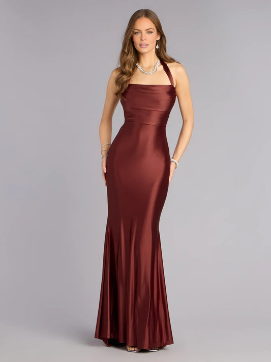 Brown mermaid floor-length formal dress with halter neckline, full-length front view