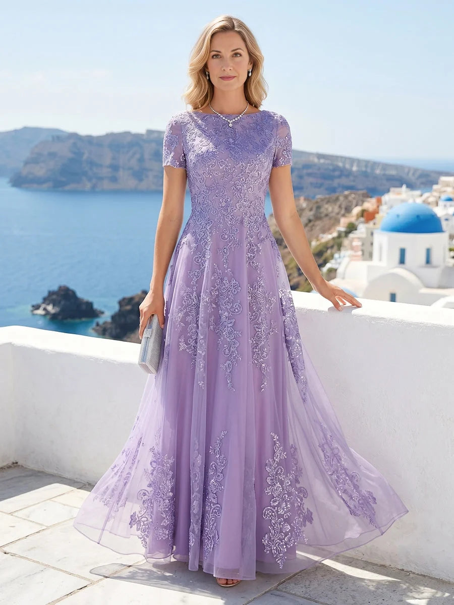 Light Purple floor-length mother of the bride dress, front view showing the a-line silhouette