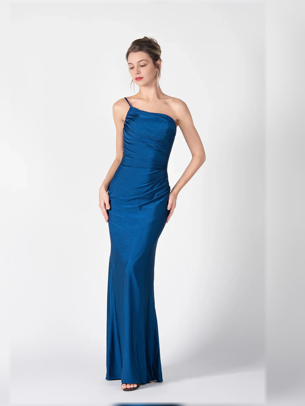 Dark Blue mermaid floor-length formal dress with one-shoulder neckline, full-length front view