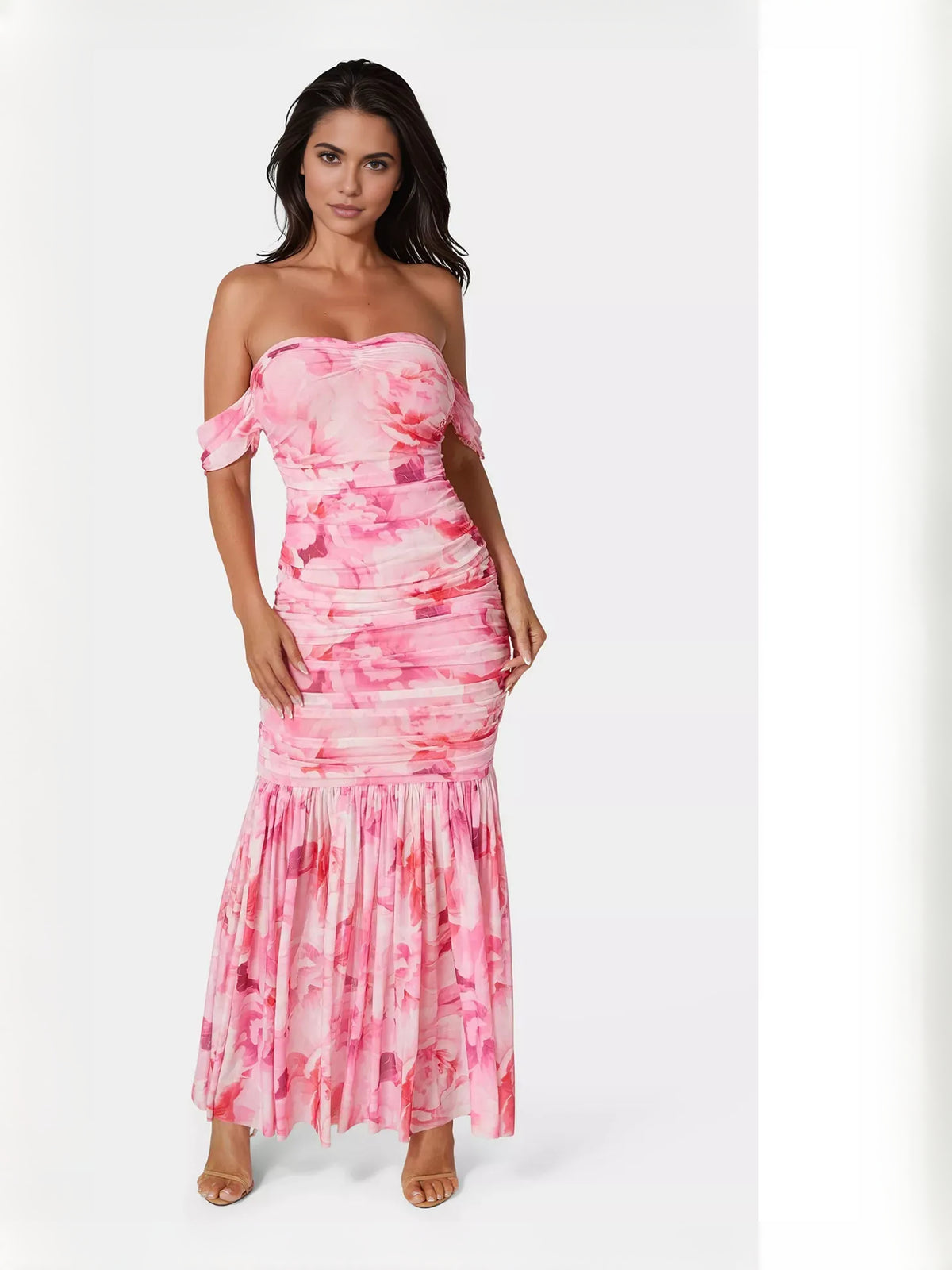 As Picture mermaid maxi formal dress with off-the-shoulder neckline, full-length front view