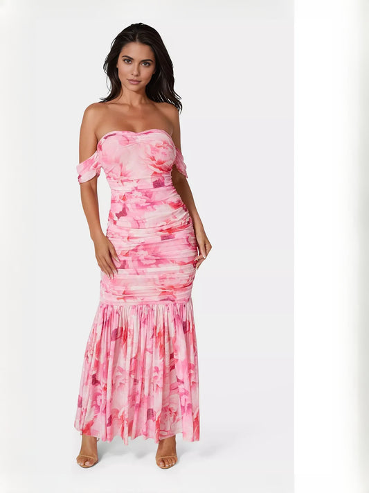 As Picture mermaid maxi formal dress with off-the-shoulder neckline, full-length front view