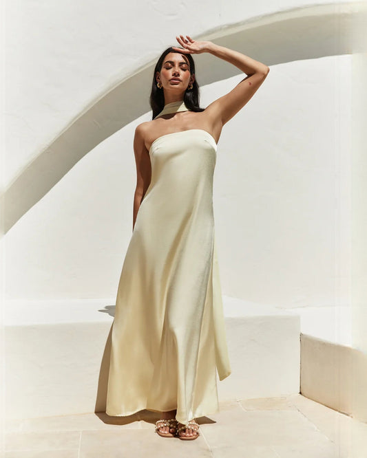 strapless satin a-line maxi bridesmaid dress - image 1