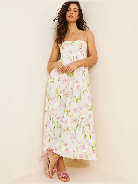 Orange midi formal dress with corset-style bodice, full-length front view