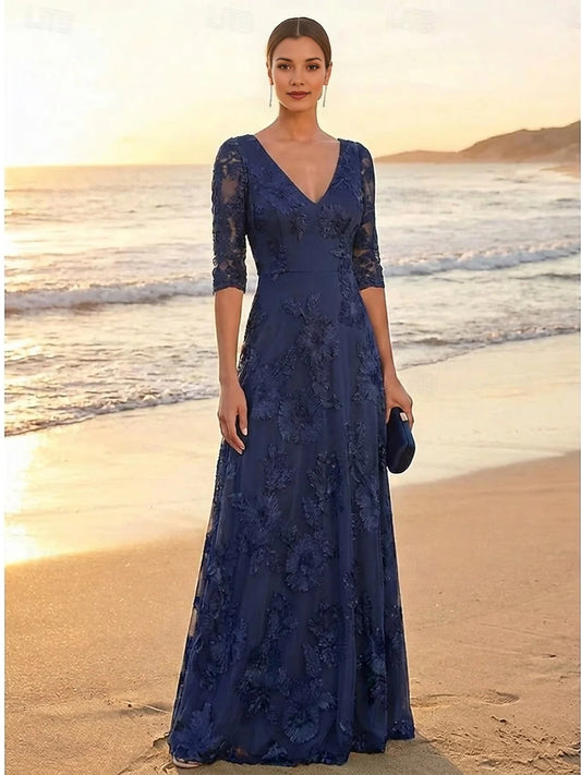 Dark Navy floor-length mother of the bride dress, front view showing the a-line silhouette