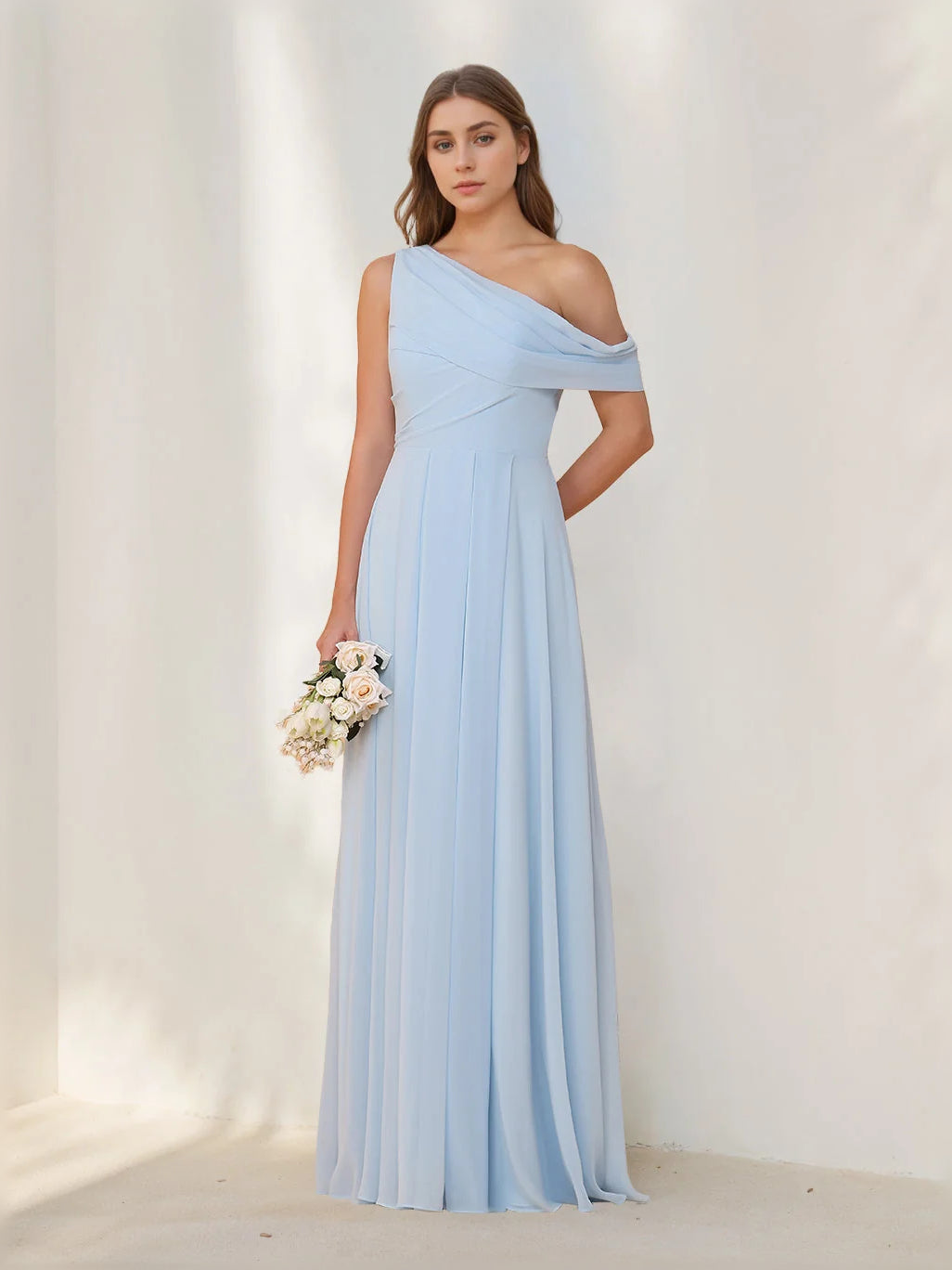 Light Blue floor-length bridesmaid dress, front view showing the a-line silhouette