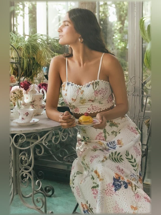 White Floral midi formal dress with floral print, full-length front view