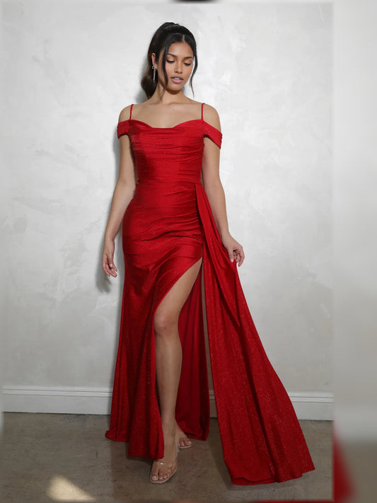 Deep Red mermaid floor-length formal dress with off-the-shoulder neckline, full-length front view