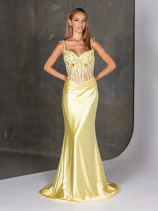 Lemon floor-length prom dress, front view showing the mermaid silhouette