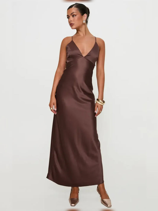 Chocolate floor-length formal dress with V-neckline, full-length front view