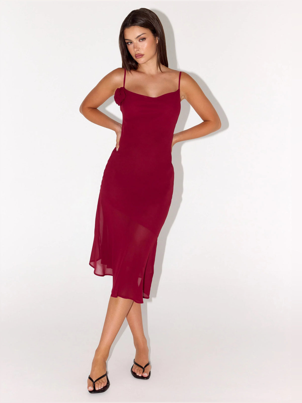 Red midi formal dress, full-length front view