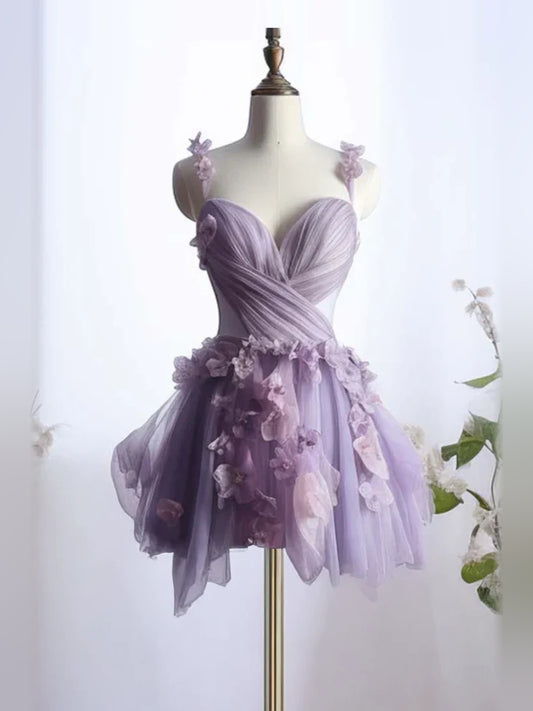 Lilac mini homecoming dress, alternate view showing the full-length silhouette