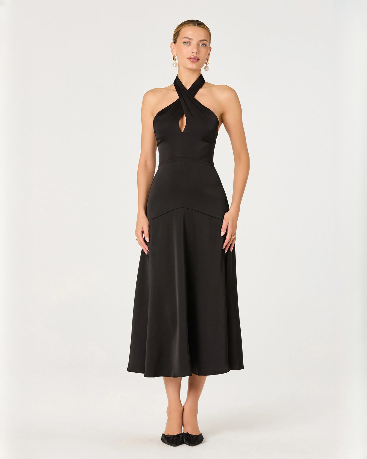 halter neck structured satin a-line midi bridesmaid dress - image 1