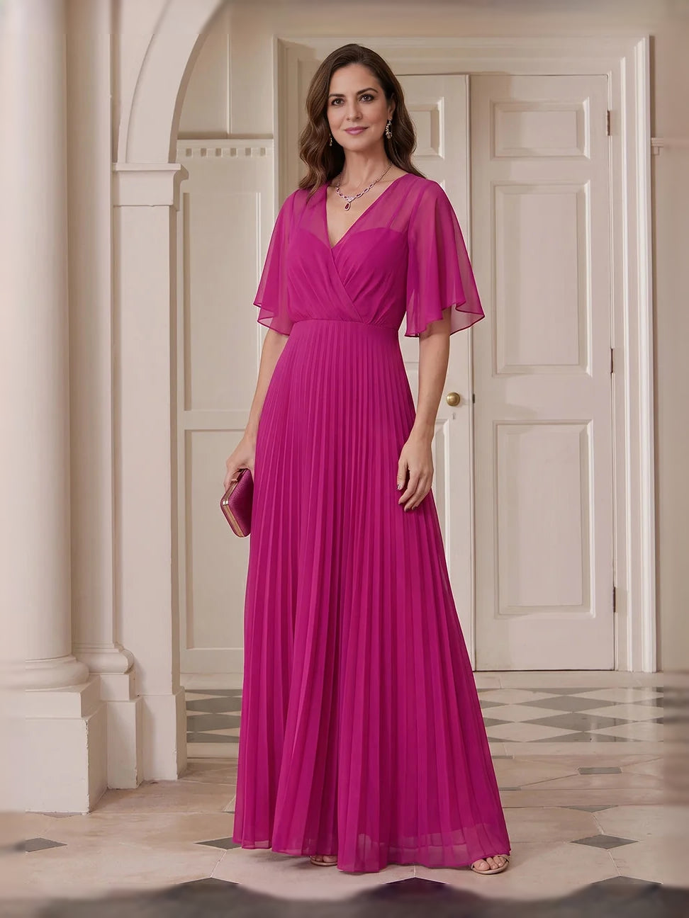 Hot Pink maxi mother of the bride dress, front view showing the a-line silhouette