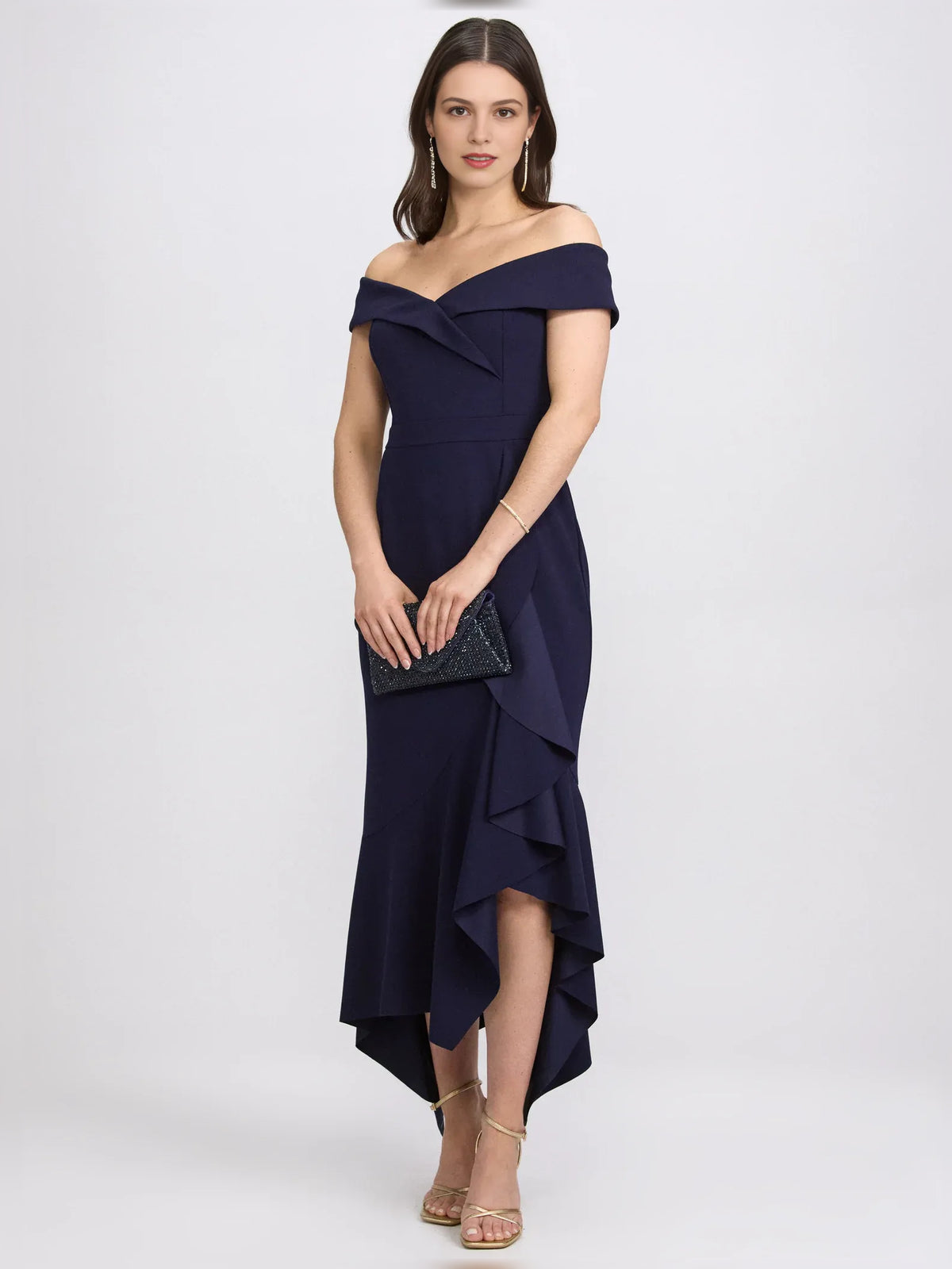 Dark Navy mermaid midi formal dress with off-the-shoulder neckline, full-length front view
