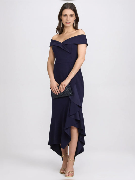 Dark Navy mermaid midi formal dress with off-the-shoulder neckline, full-length front view