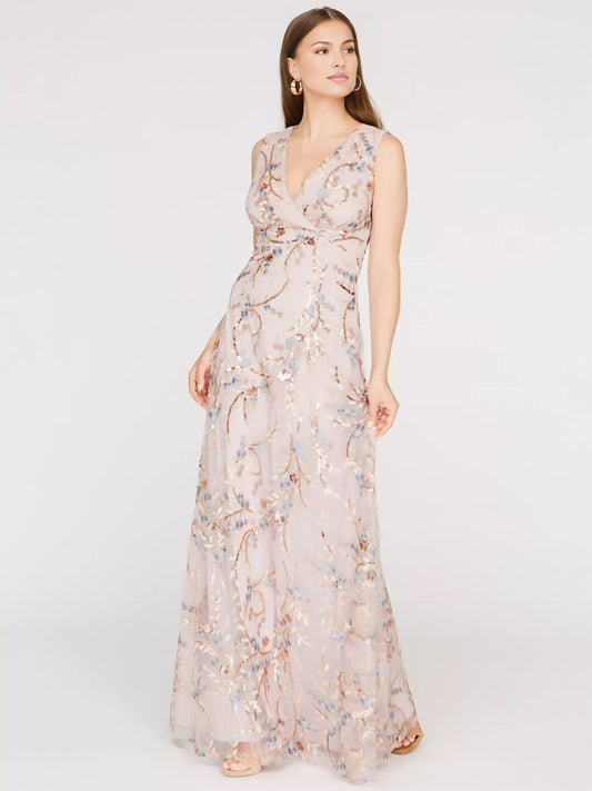 As Picture a-line floor-length formal dress with V-neckline, full-length front view