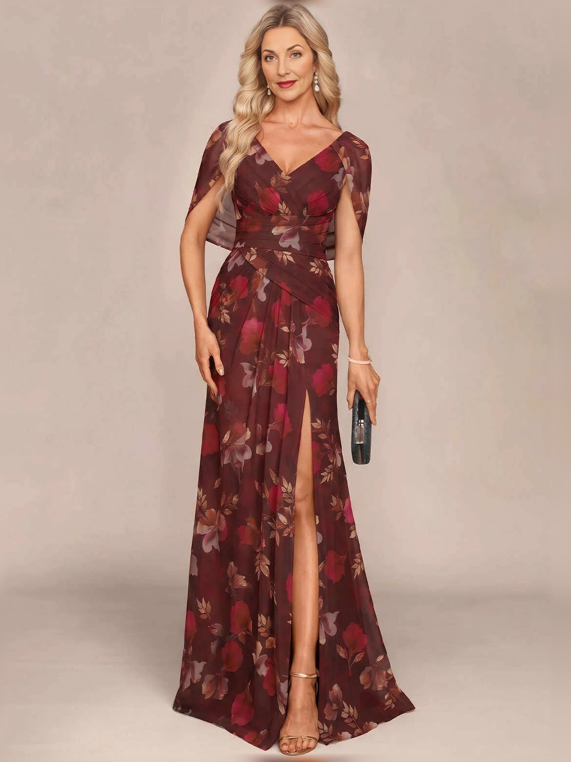 Burgundy floor-length mother of the bride dress, front view showing the mermaid silhouette