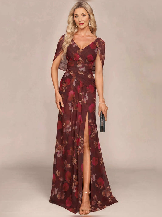 Burgundy floor-length mother of the bride dress, front view showing the mermaid silhouette