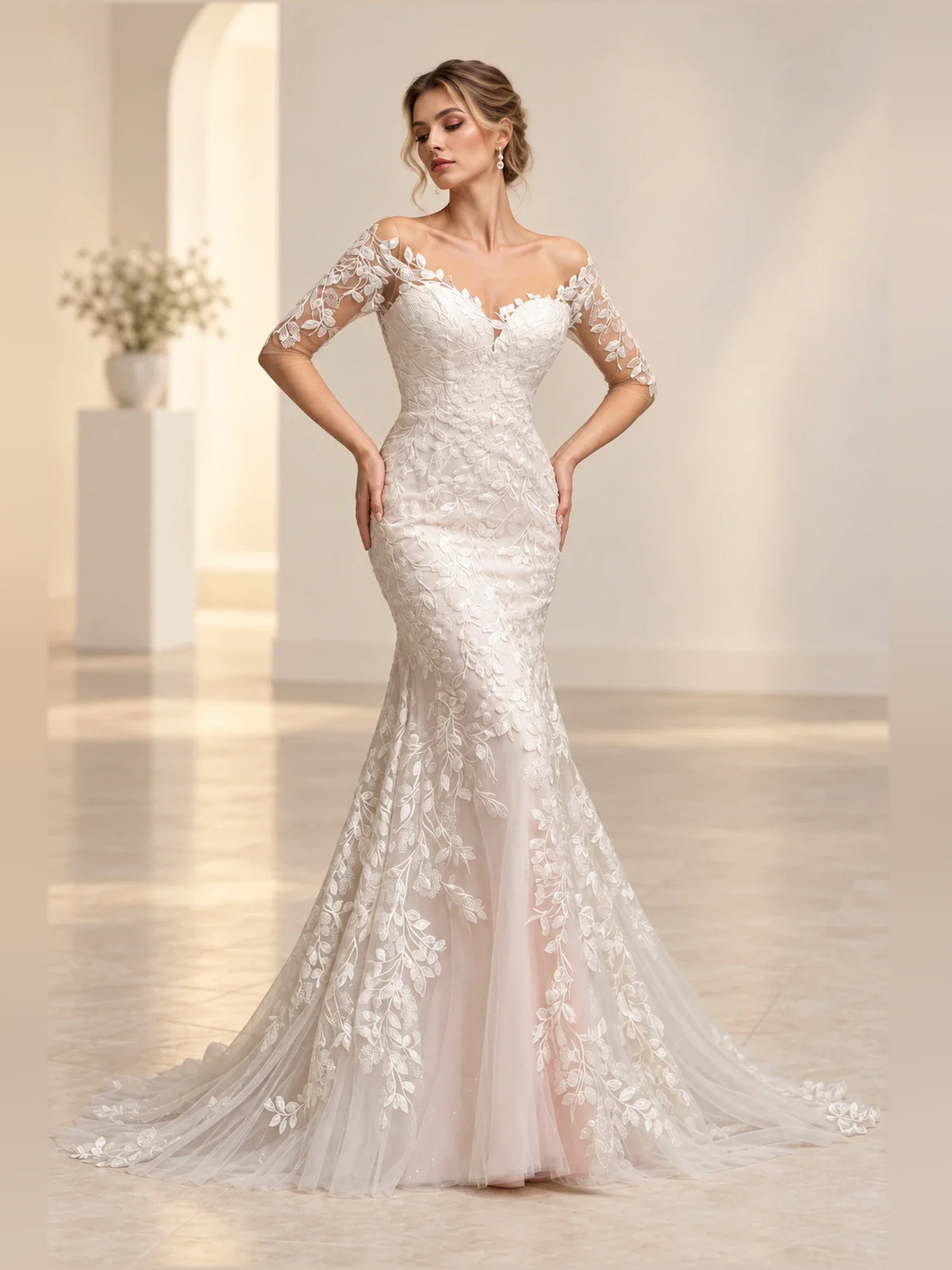 Ivory floor-length wedding dress, front view showing the mermaid silhouette