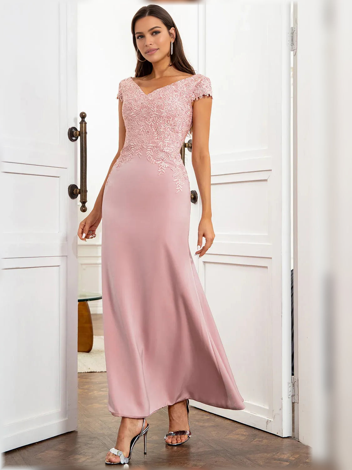 Dusty Rose maxi mother of the bride dress, front view showing the mermaid silhouette