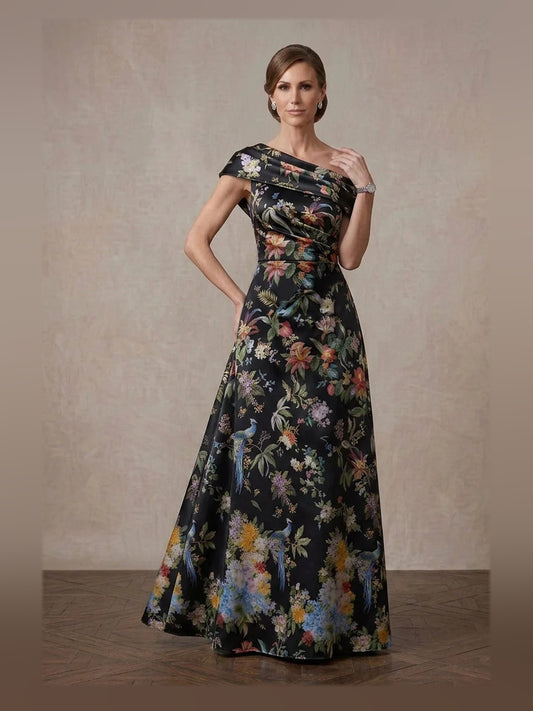 Black maxi mother of the bride dress, front view showing the a-line silhouette