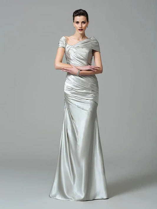 Silver floor-length mother of the bride dress, front view showing the mermaid silhouette
