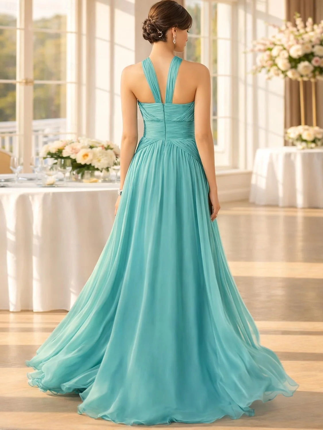 Jungle Green floor-length prom dress, front view showing the a-line silhouette