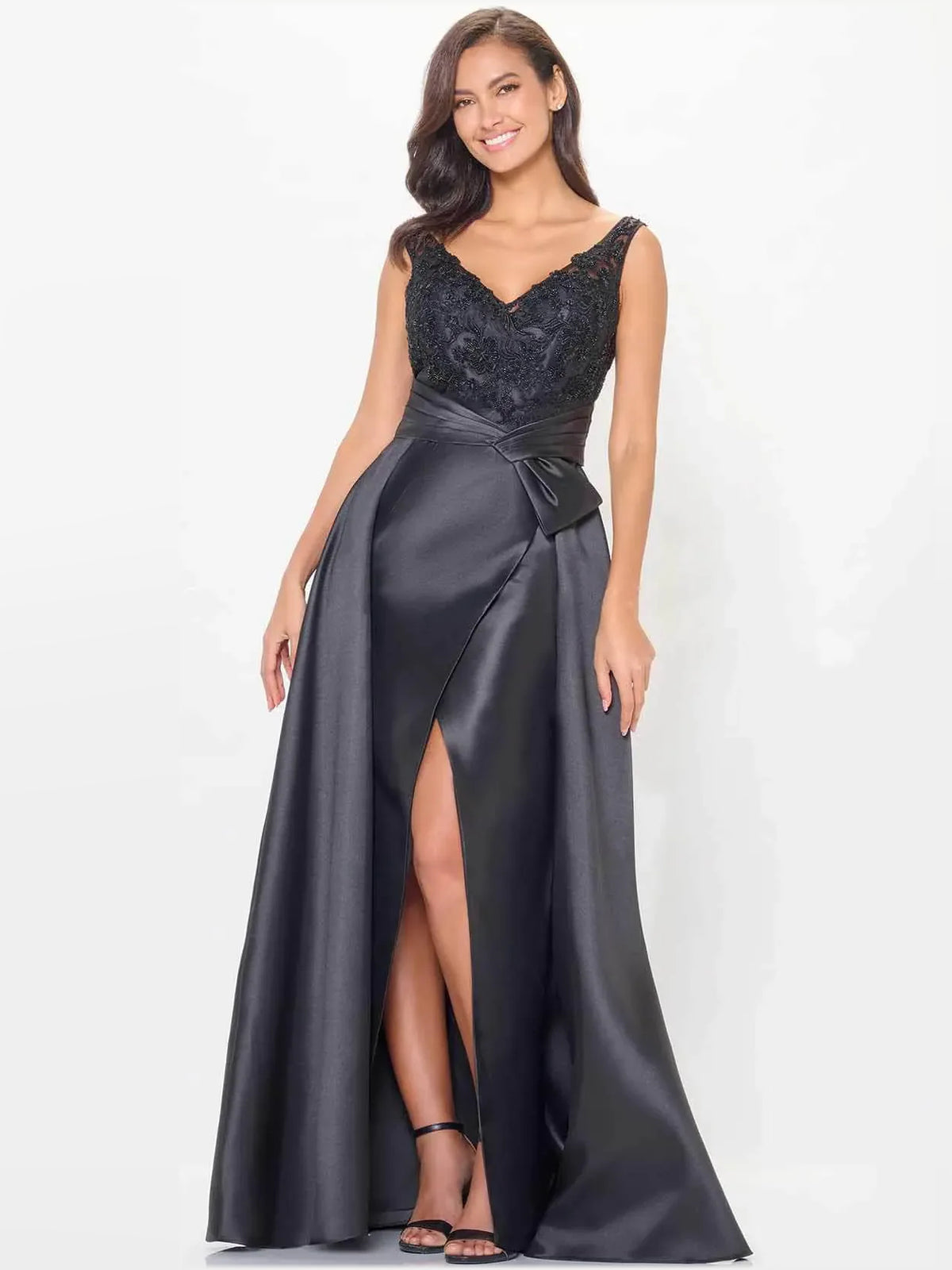 Black a-line floor-length formal dress with V-neckline, full-length front view