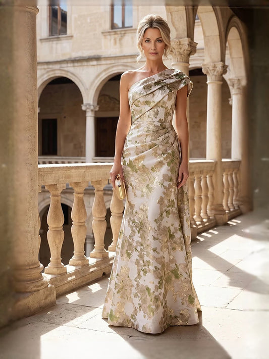 Champagne floor-length mother of the bride dress, front view showing the mermaid silhouette