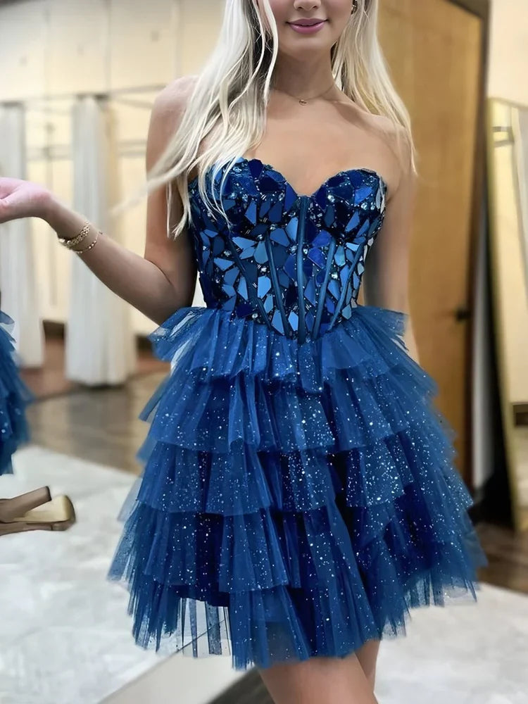 Royal Blue mini homecoming dress, alternate view showing the full-length silhouette