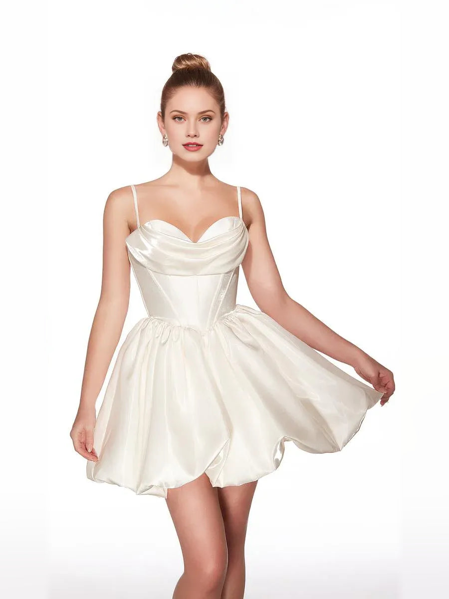Ivory mini homecoming dress, alternate view showing the full-length silhouette