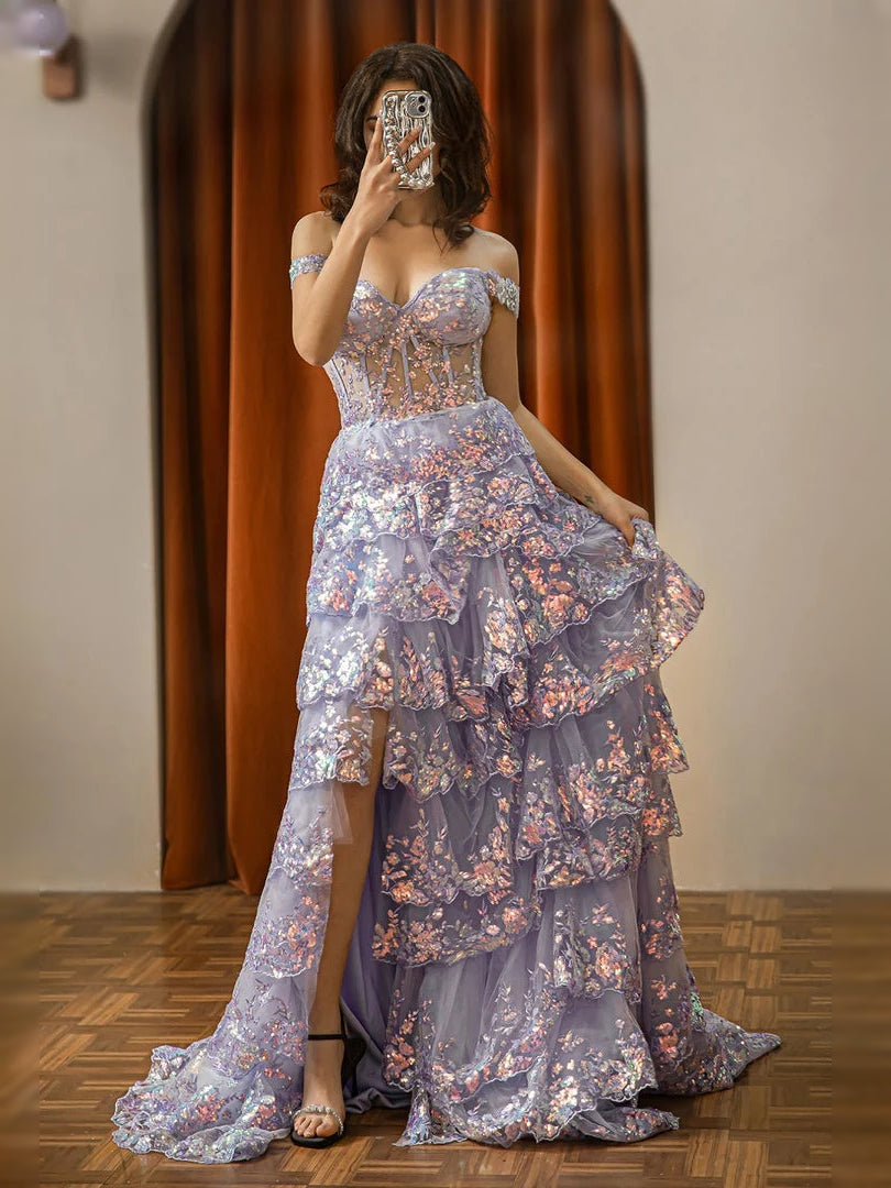 Lilac floor-length prom dress, front view showing the a-line silhouette