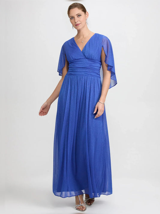 Blue floor-length mother of the bride dress, front view showing the a-line silhouette