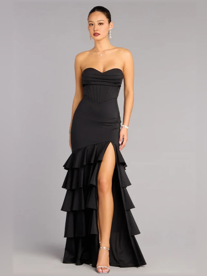Black mermaid floor-length formal dress with strapless neckline, full-length front view