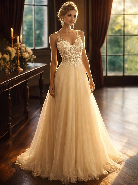 Gold floor-length prom dress, front view showing the a-line silhouette