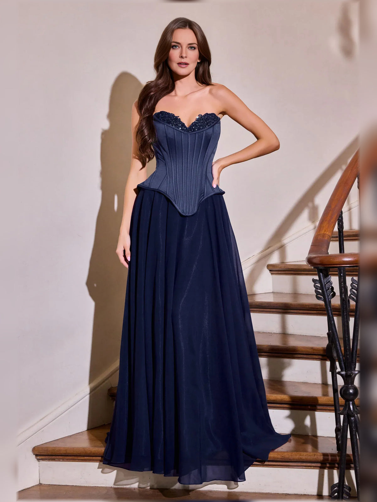 Navy Blue fit-and-flare floor-length formal dress with halter neckline, full-length front view