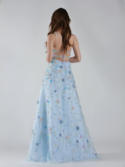 Light Blue floor-length prom dress, front view showing the a-line silhouette