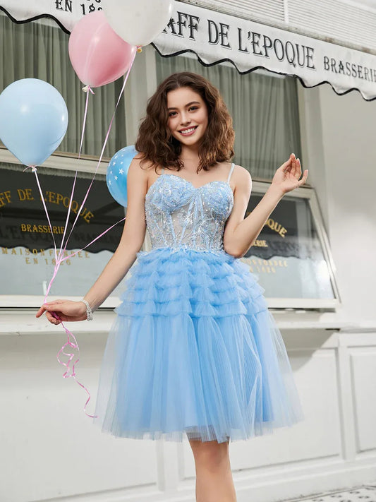 Light Blue mini homecoming dress, alternate view showing the full-length silhouette