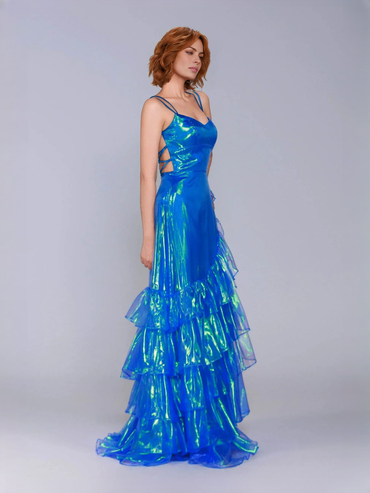 Ocean Blue floor-length prom dress, front view showing the a-line silhouette