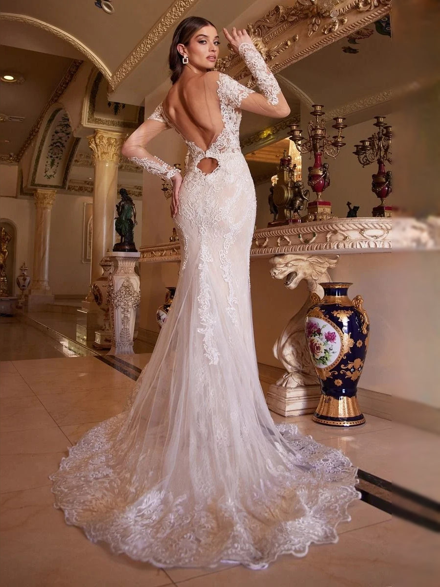 Ivory floor-length wedding dress, front view showing the mermaid silhouette