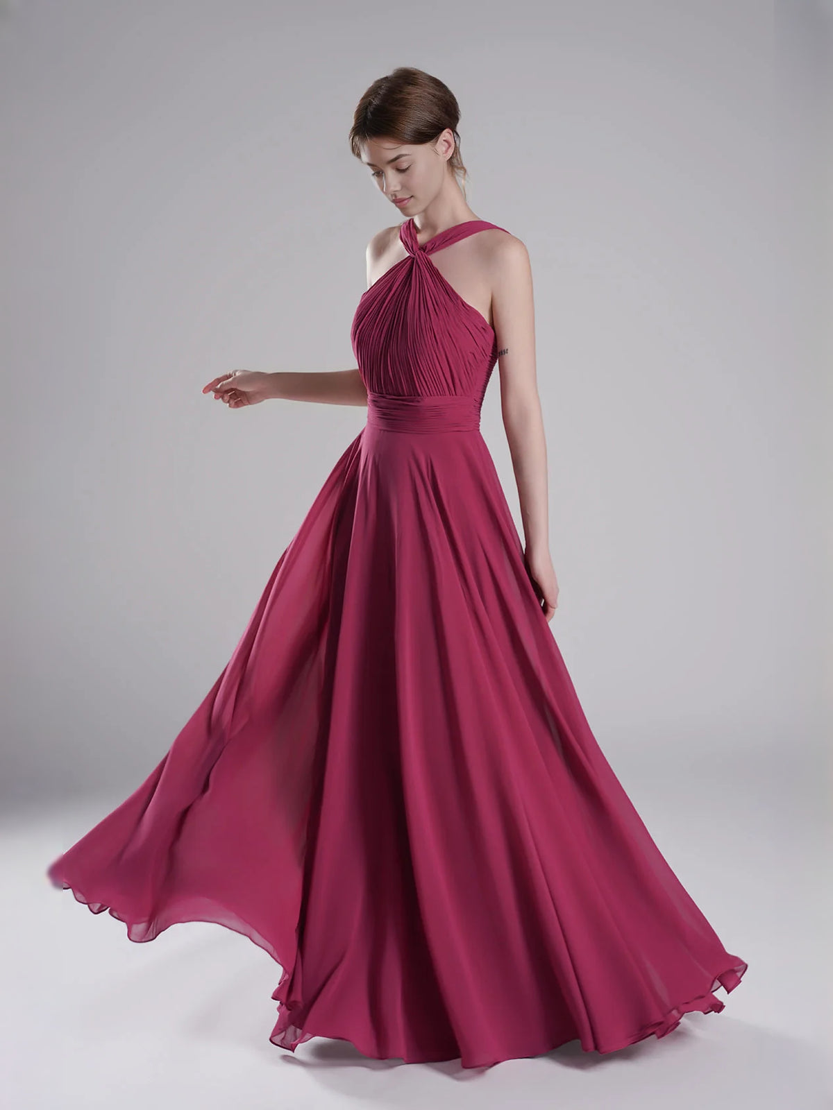 Fuchsia floor-length bridesmaid dress, front view showing the a-line silhouette