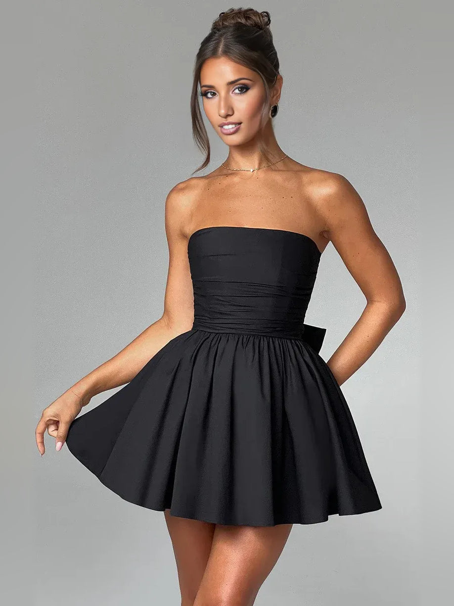 Black mini homecoming dress, alternate view showing the full-length silhouette